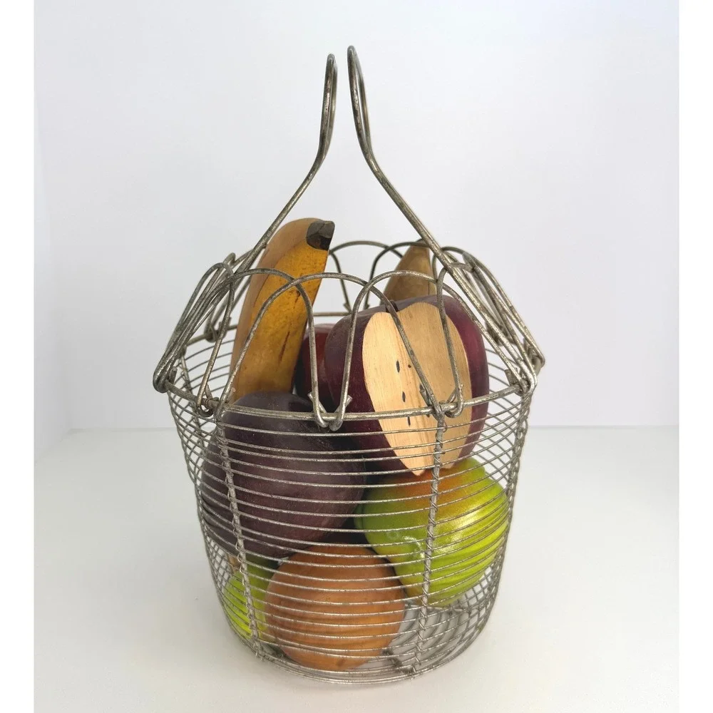 French egg wire basket with wooden fruits vintage primitive decor fruit basket